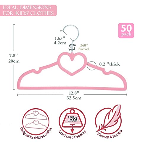 Jiuxcf Kids Hangers (12.8” - 50 Pack), Non Slip Velvet Small Hangers, Ultra Slim Space Saving Little Girl Hanger - 360° Swivel Hook, Cascade Design, Durable & Cute Baby/Toddler Hangers（Pink） #TOP1