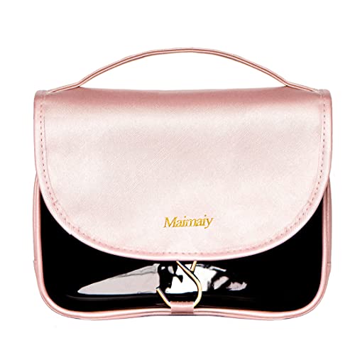 Neceser para mujer, organizador de maquillaje, bolsa de viaje para artículos de tocador, bolsa de cosméticos, bolsa impermeable para baño y ducha con gancho, Piel sintética rosa (S), L, Portátil