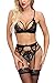 EVELIFE Conjunto de Lencería Mujer Sujetadores con Liguero Sexy Lencería 3 Piezas Tanga y Liguero Sin Medias(Negro XXL)