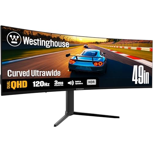 Image of Westinghouse 49 Inch Curved Gaming Monitor, UWDQHD(5120 x 1440P), 3000:1 Contrast Ratio, 124% sRGB, 120Hz, 1800R, AMD FreeSync, Eyecare, Built-in Speakers, Tilt /Height /Swivel, HDMI, DisplayPort, USB-C