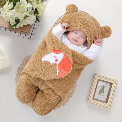 Image of BABYZONE Baby Bear Hooded Fleece Romper and Swaddle Wrap Set, Plush Teddy Design, Brown (2, Yellow&Brown, Baby)