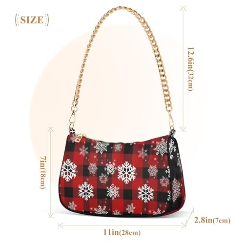 Snowflakes Red Black Checkered Tote Handbags Womens Aesthetic Shoulder Bag Hobo Party Purse Zipper Closure Chain Strap3