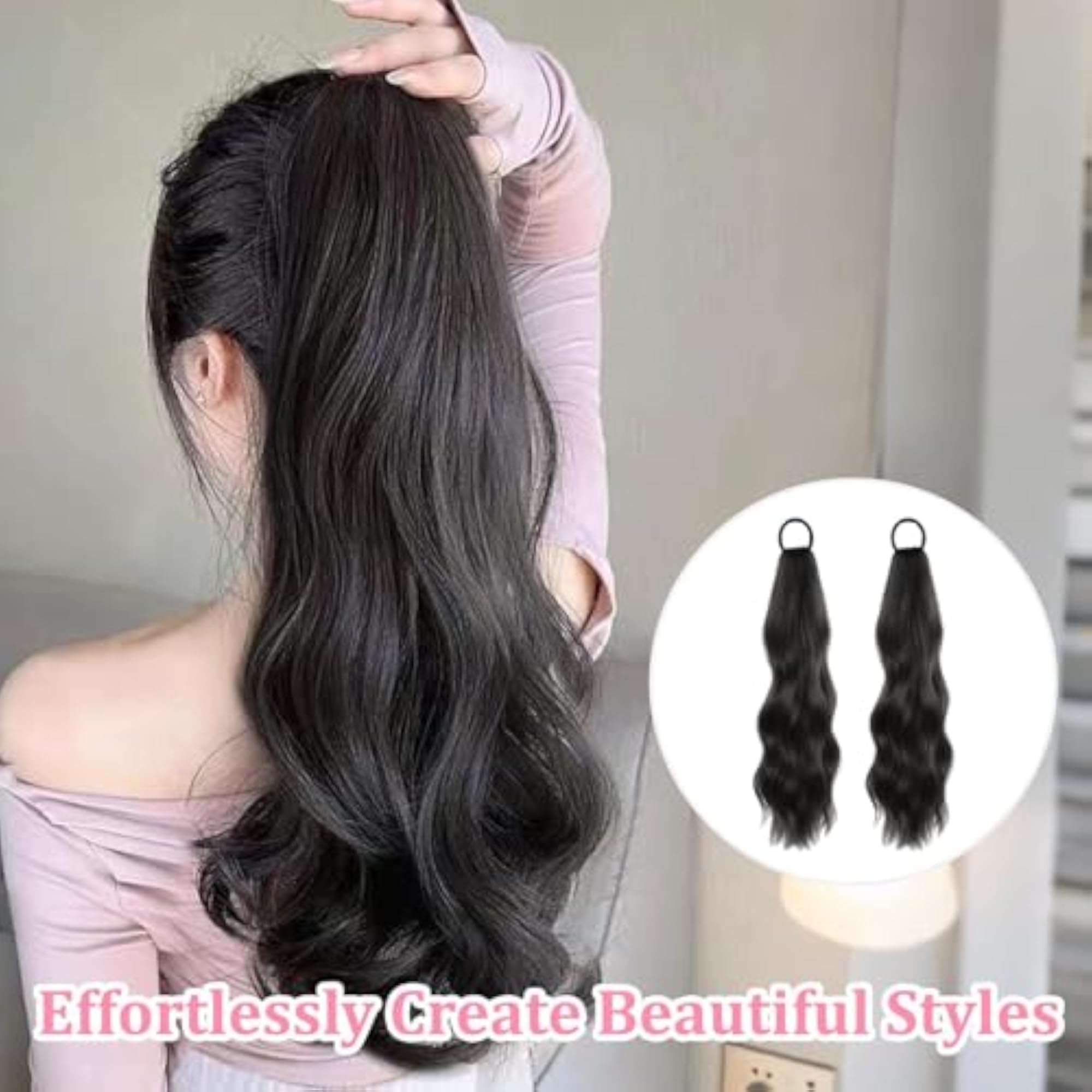Ponytail Hair Extension, 2 Pcs Natural Black Wavy Extensions