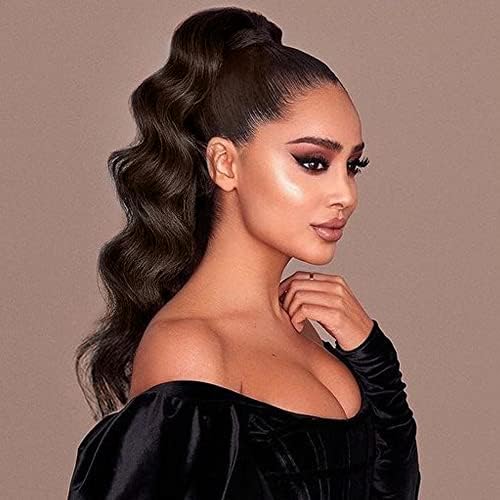 MOTEFOUS 24 Inch Long Body Wavy Ponytails Extension Curly Black Ponytail Extension Body Wave Synthetic Heat Resistant Hairpieces(#4)