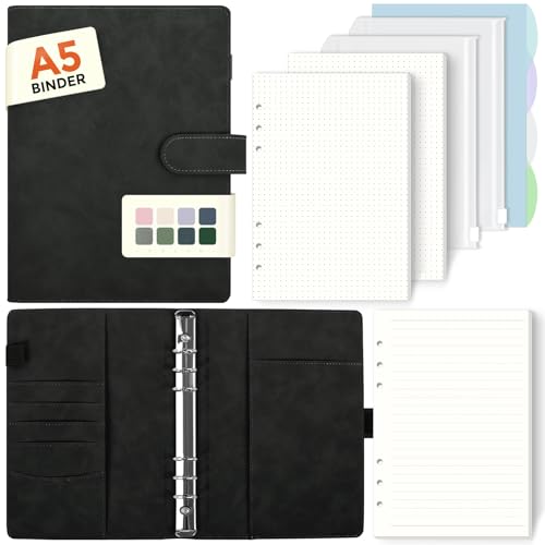 SKYDYE Segregator A5 6-pierścieniowy, 135 arkuszy papieru uzupełniającego, segregator A5 z kieszeniami i przegrodami, do notatek szkolnych i dzienników z podróży (czarny)