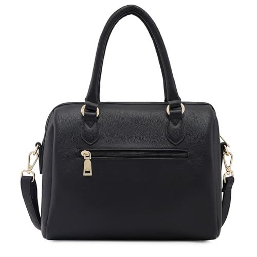 Image of Caprese Erica Satchel, Black-Medium | Sleek Embroidered Handbag for Women with Secure Top Zip | Multiple Compartments | Perfect for Casual & Daily Use