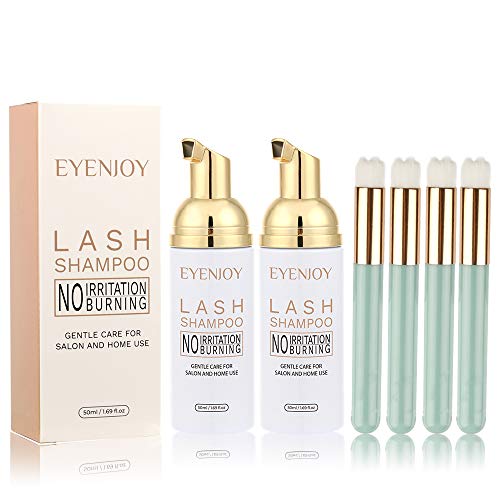 Eyenjoy Eyelash Extension Shampoo 2 Bottle 50ml with 4 Brush Kit,Eyelid Foaming Cleanser,Lash Cleanser for Extensions Mascara Remover For Sensitive Skin-For Home & Salon Use