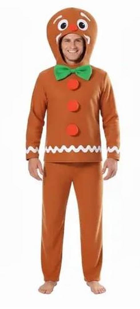 Adults Gingerbread Man Christmas Costume - Small/Medium - Brown Top with Green Bowtie & Gingerbread Man Hood, Brown Trousers - Unisex Mens Womens Festive Xmas Fancy Dress Costume