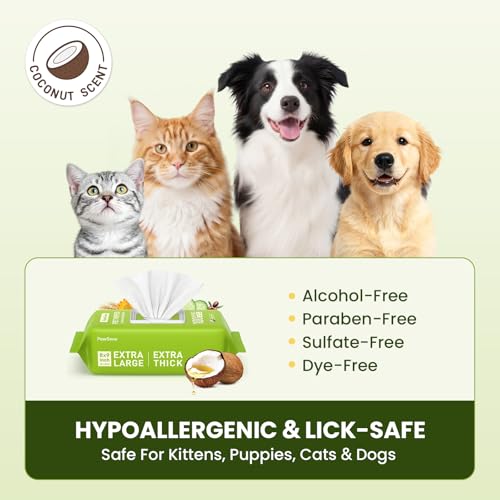 Hypoallergenic Pet Wipes for Dogs & Cats – Quick Clean & Deodorize Paws, Butt, Eyes, Ears, Face & Fur | Daily Grooming After Walks and Between Baths | Extra Large & Thick | Coconut Scented, 400 Count by PawSono - Image 3