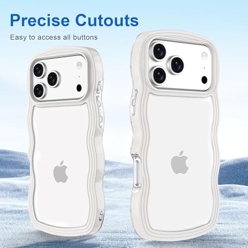 Image of GoldKart iPhone 17 Pro Max Case Wavy Edge Clear Back Design, Anti-Slip Grip Cute Wave Curly Frame Shape Shockproof Soft TPU & Hard PC Bumper Protective Phone Case Cover for Women Girls - White