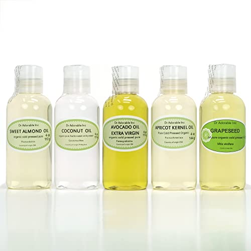 5 Variety Set All Natural Premium Organic 100% Pure Oils (Fractionated Coconut, Unrefined Extra Virgin Avocado, Apricot Kernel, Grapeseed, Sweet Almond) Hair Skin Nails Care