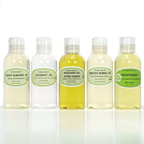 5 Variety Set All Natural Premium Organic 100% Pure Oils (Fractionated Coconut Oil, Unrefined Extra Virgin Avocado oil, Apricot Kernel Oil, Grapeseed Oil, Sweet Almond Oil) Hair Skin Nails Care -  Dr Adorable Inc