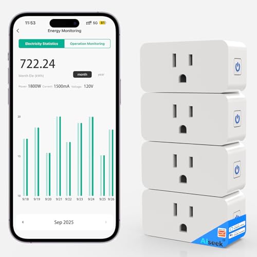 AiSeek Smart Plug with Energy Monitoring, 15A 1800W 2.4Ghz Wi-Fi Outlet 4-Pack, Pro Series Tuya Smart Plug, Compatible with Alexa & Google Assistant, Programmable Timer, ETL & FCC Certified