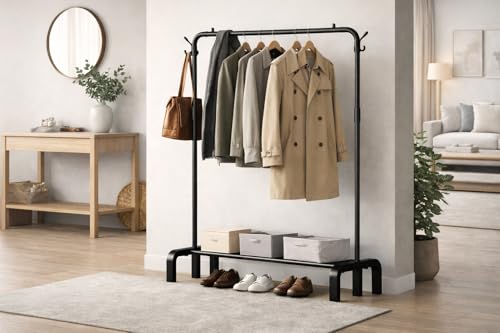 Image of Raawan Heavy Duty Double Rod Clothes Rack with Side Storage Shelves | Metal Garment Stand Organizer | Space Saving Cloth Hanger Stand for Bedroom, Living Room & PG (1 LAYER BLACK)