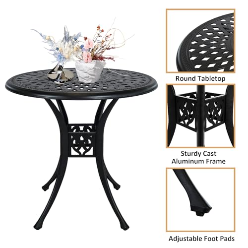 Image of 30 inches Patio Table with Umbrella Hole, Round Outdoor Table, Cast Aluminum Bistro Table, Metal Side Table for Porch Backyard, Black