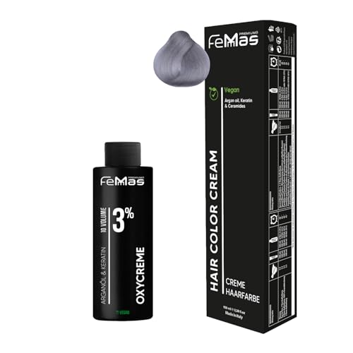 Femmas Haarfarbe Set Silber I Hair Color Cream 100ml + Oxycreme 100ml 3% I Permanente Haar-Coloration + Entwickler I Schonend & langanhaltend I Salon-Haarfarbe für Zuhause
