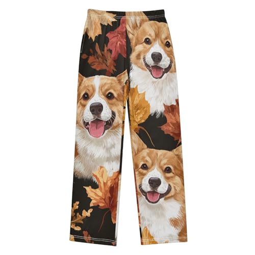 Corgi Dogs Maple Leaves Boys Long Pants Soft Trousers Elastic Waist Kids Lounge Bottoms with Pockets S-XL