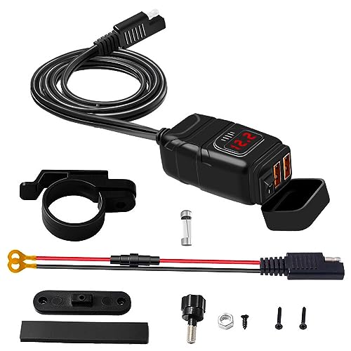 ihreesy 12V Motorcycle Dual USB Kit,Quick Charge 3.0 Motorcycle Phone Waterproof SAE to USB Adapter with Switch,Voltmeter for GPS Smartphone