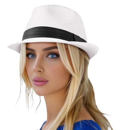 Chapeau Fedora de protection solaire pour femme et homme pliable à bord court enroulable Panama été plage, blanc, Taille unique