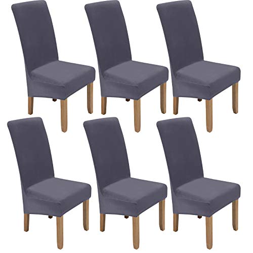 Colorxy Large Velvet Spandex Chair Covers for Dining Room Set of 6, Soft Stretch Chair Protectors Slipcovers, Removable and Washable, Sliver Grey