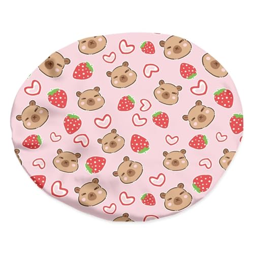 Image of Kids Sleep Cap for Sleeping Beanie Night Hat with Elastic Wide Band Sleeping Cap Cute Capybara Print Satin Bonnet Beanie Hats Pink Strawberry Headwear for Curly Hair
