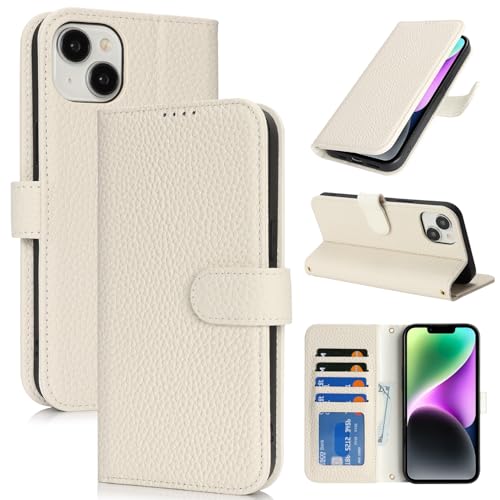 Coque iPhone 14 avec blocage RFID, étui portefeuille antichoc en cuir crème Zouzt