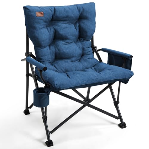 Image of EVER ADVANCED Padded Oversized Folding Camping Chair for Adults, Heavy Duty Lawn Chair with Side Pockets, Portable Collapsible Quad Chair for Outside, Support Up to 500lbs, Blue