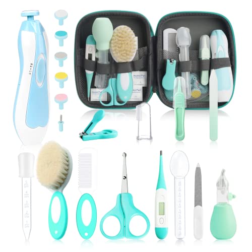 Baby Grooming Kit, Electric Safety Nail Trimmer Baby Nursery Kit，Infant Safety Care Set with Hair Brush Comb Nail Clipper Nasal Aspirator,Baby Essentials Kit for Newborn Girls Boys (25 Pc Green Kit)