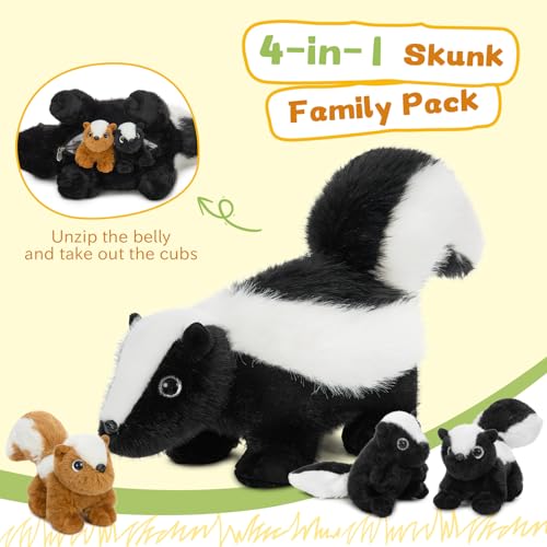 Image of MaoGoLan 4Pcs Giant Skunk Stuffed Animal, Kawai Mother Skunk Plush Toy with 3 Small Baby Skunk Plushies Inside, 22 inch Snuggle Stuffed Skunk for Kids Woodland Animal Lovers, Christmas Birthday Gift