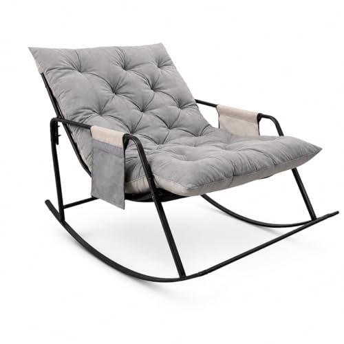 Image of Padded Rocking Lounge Chair with Thick Tufted Cushion, Sturdy Metal Frame, Modern Indoor Rocker Armchair for Living Room, Bedroom, Reading Corner, or Relaxation Space (Grey, Large)