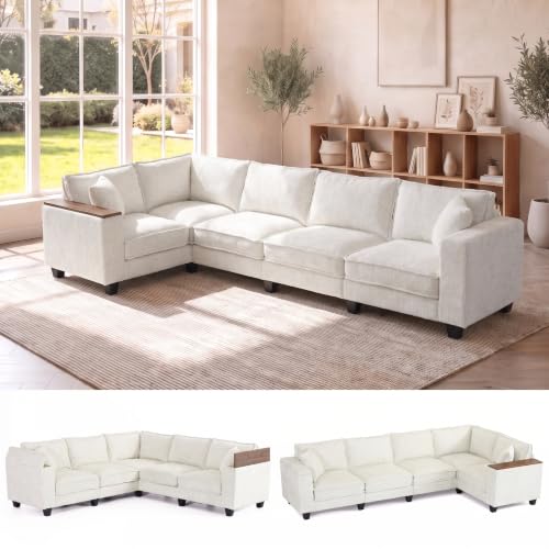 Image of 126 inch 5 Seat L-Shaped Sectional Couch,Modern Comfy Chenille Corner Sofa,Modular Convertible V-Shaped Couch,Convertible Sofa with Storage Armrests & 2 Pillows,Sectional Couches for Living Room,Beige