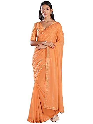 Image of AKHILAM Women's Black Embellished Georgette Saree With Unstitched Blouse Piece