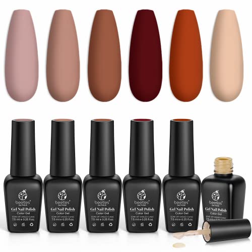 Beetles Gel Nail Polish Set, Caramel Collection Gel Nail Polish Kit 6 Colors Fall Winter Gel Polish Burgundy Red Brown Nail Gel Soak off Nail Lamp Manicure Christmas New Year Holiday Gifts for Women