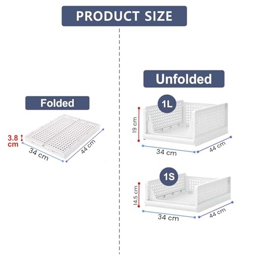 Image of Go Hooked Foldable Wardrobe Organizer with Drawer Style Pull Out Design | Pack of 5 (2Large+3Small) 44x34cm Shelf Storage Box | Heavy Duty Plastic Shirt Stacker for Cupboard, Almirah & Closet | White