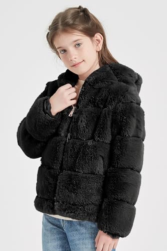Image of Giolshon Girls Faux Fur Fleece Jacket Sherpa Fuzzy Hoodie Winter Coat with Full Zip Fluffy Outerwear 2169