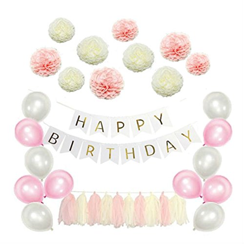51 Pcs Birthday Party Supplies Kit - Pink and Cream Happy Birthday Banner with Fluffy Tissue Paper Pom Poms, Tassel Garland and Colorful Balloons (Pink)