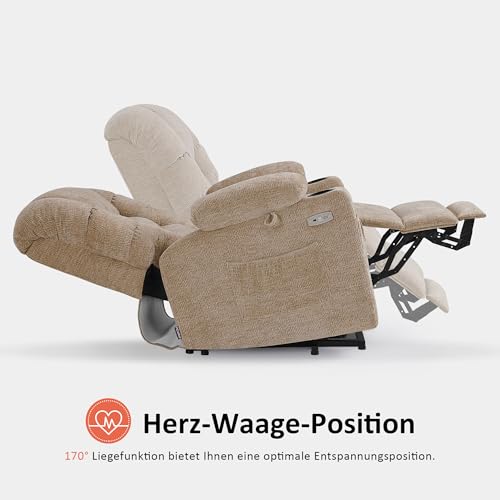 M MCombo Fernsehsessel mit Aufstehhilfe Elektrisch, 3 Motoren, Rückenlehne & Beinstütze Getrennt Verstellbar, Relaxsessel mit Liegefunktion bis 170° Verstellbare Kopfstütze 7550 (Chenille, Beige) – Bild 7