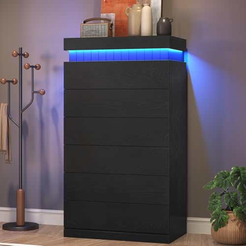 UPOSOJA Tall Black Dresser for Bedroom, Modern 6 Wood Drawers with LED Light and Power Outlet, Floating Dressers for Closet, Large Chest of Drawer for Living Room, Hallway, Entryway (6 Drawers,Black) - Thumbnail 7
