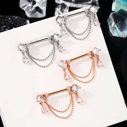 CM Crareesi Mania 14G Nipple Rings Double Chain Nipple Piercing Jewelry Teardrop Silver Nipple Jewelry 316L Stainless Steel Nipple Piercing Rings by CM Crareesi Mania - Used condition - Image 5