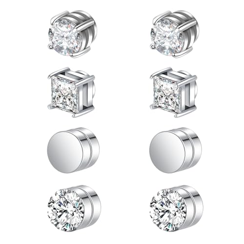 Image of 8pcs Magnetic Earrings for Men, Ear Cuffs Without Piercing, Stainless Steel Fake Non Piercing Studs, Clip On Earrings in Silver Black for Men and Women