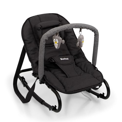 Baninni Transat pour Bébé,Chaise transat dès la naissance, Position fixe ou Balancelle, Dossier réglable, Avec Barre de Jeu et coussin, Stelano noir