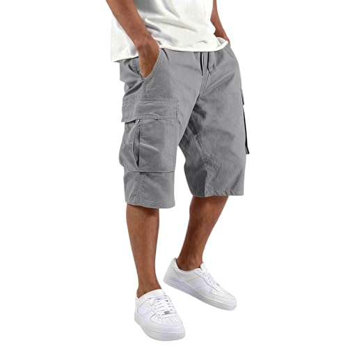 Cargo Shorts Homme Sport Bermudas Élastique Militaire Pantacourt Été Léger Court Randonnée Chantier Travail Cordon Serrage Taille Multi-poches Utilitaires Décontractés Jeunes,Gris,XL
