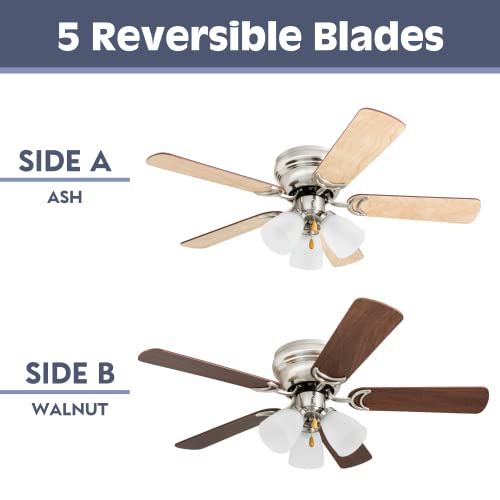 Prominence Home Whitley, 42 Inch Traditional Flush Mount Indoor Led Ceiling Fan With Light, Pull Chain, 5 Dual Finish Blades, Reversible Motor - 50863-01 (Satin Nickel), Bright Brass #TOP2