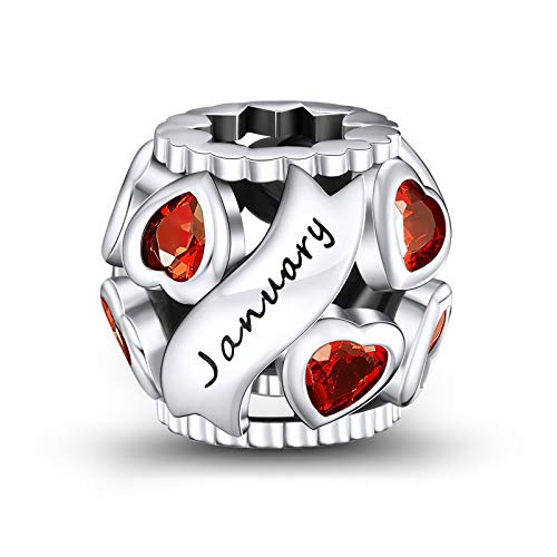 NINGAN Birthstone Birthday Charm for Bracelet-925 Sterling Silver Bead, Love Heart Charms for Jewelry Making fits Pandora Charms Clearance Bracelets and Necklaces for Women Girl (January Birthstone)