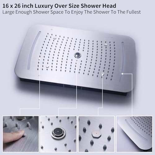 KATAIS Brushed Nickel Shower Faucet Set Temperature Display Shower System with 16X26 inch Ceiling Mount Shower(3 Modes), with 6 PCS Body Jet and Handheld Spray