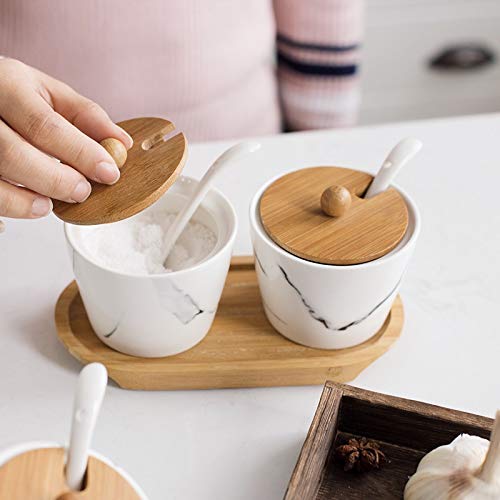 Pots à épices en verre, Pots à épices avec étiquette Ensemble de pots d'assaisonnement en céramique marbrée créative japonaise, boîte d'assaisonnement de cuisine, plateau en bois, couvercle en bois, h