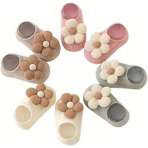 Image of 4 Pairs Baby Girl Ankle Socks, Non-Slip Low Cut Floral Socks for Infants, Toddlers & Newborn Girls
