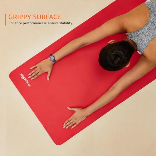Image of AmazonBasics Dual Colour Reversible Yoga Mat | 6 MM Anti-Slip Thick Mat | Carry Strap | Grippy Surface | TPE & EVA Material | for Men & Women (Red & Black)