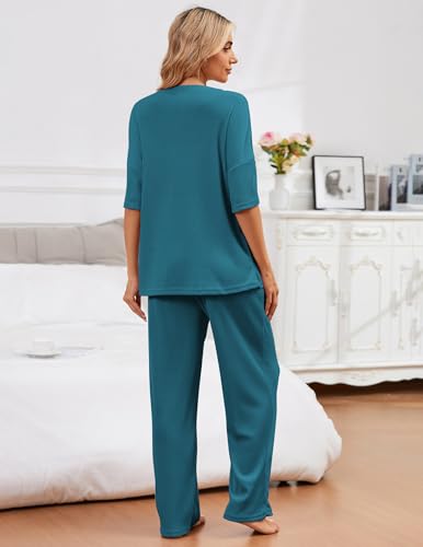 Image of JiniGolla Womens Pajama Sets Waffle Knit Short Sleeve Shirt with Long Pajama Pants Soft Sleepwear Pj Lounge Sets