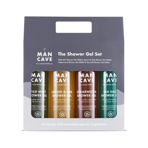 ManCave Duschgel-Geschenkset für Männer mit 4 natursulfatfreien Duschgelen in den Duftnoten: Wildminze, Zitrone-Eiche, Zedernholz und Meersalz Cover